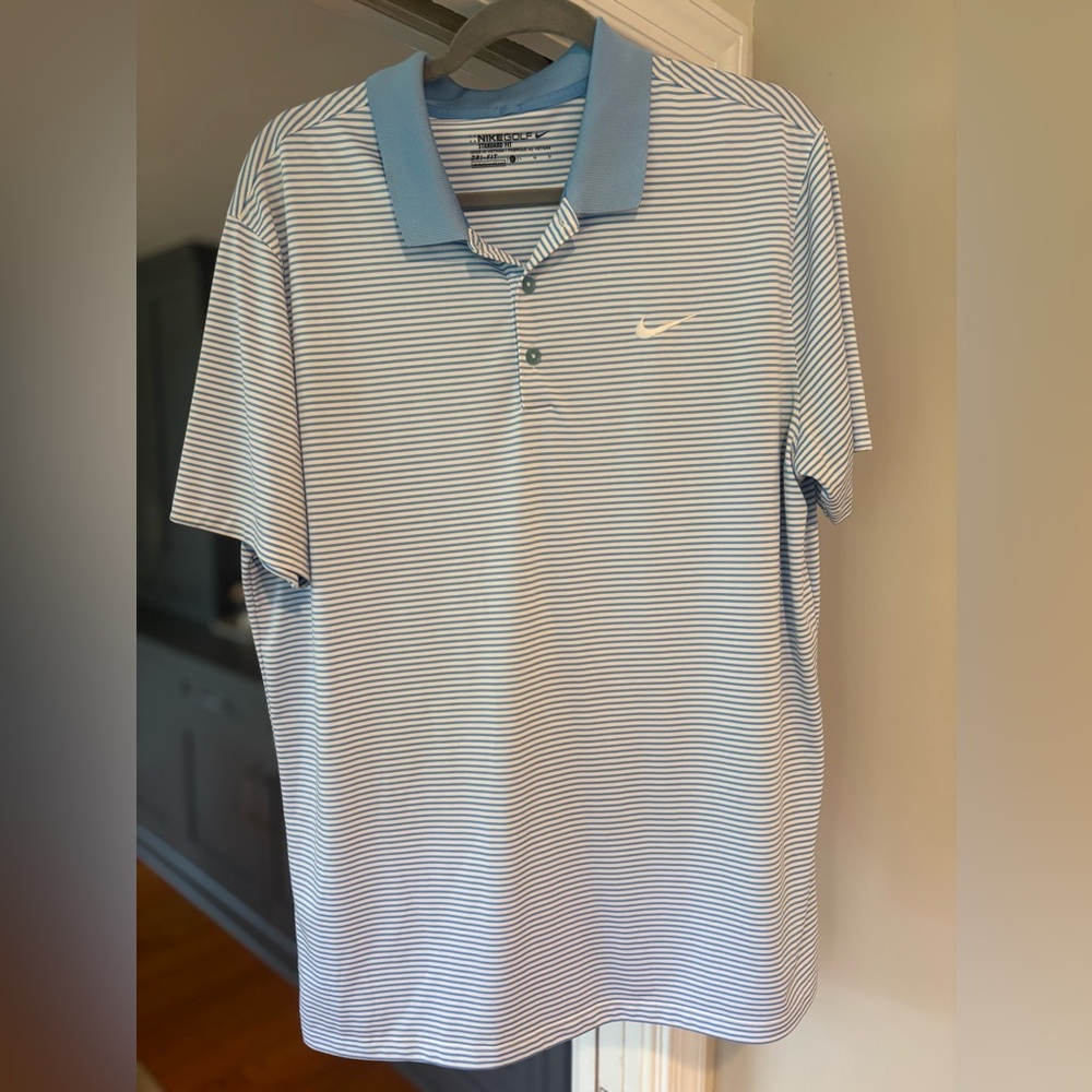 Nike Light Blue and White Striped Polo